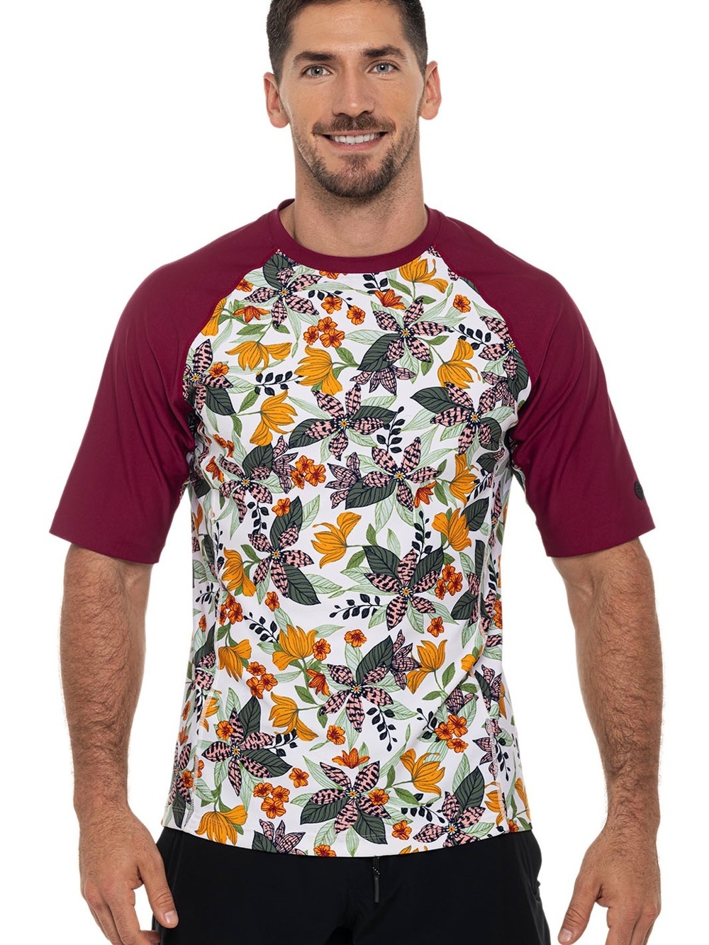 Coolibar Hightide Short Sleeve Swim Shirt Apricot Crush Floral Paradise Mens S